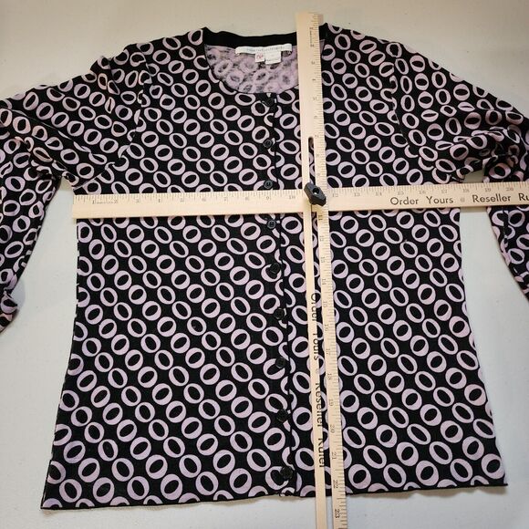 Diane Von Furstenberg Cardigan Womens Large Black Pink O Print Cashmere Silk - Picture 8 of 12